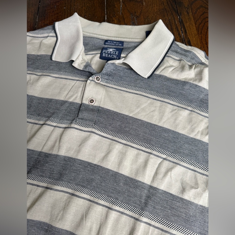 Pebble Beach‎ Gray and Cream Polo Shirt Classic Striped Design